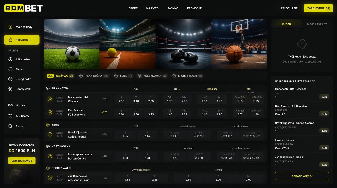 Obraz przedstawia różnorodne rynki zakładów sportowych dostępne na BDMbet Casino