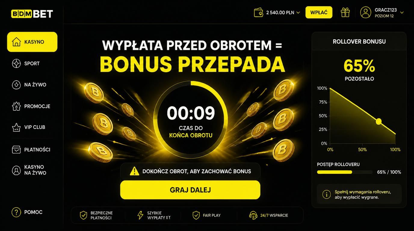 Gracz patrzy na ekran, gdzie komunikat ostrzega przed przedwczesną wypłatą