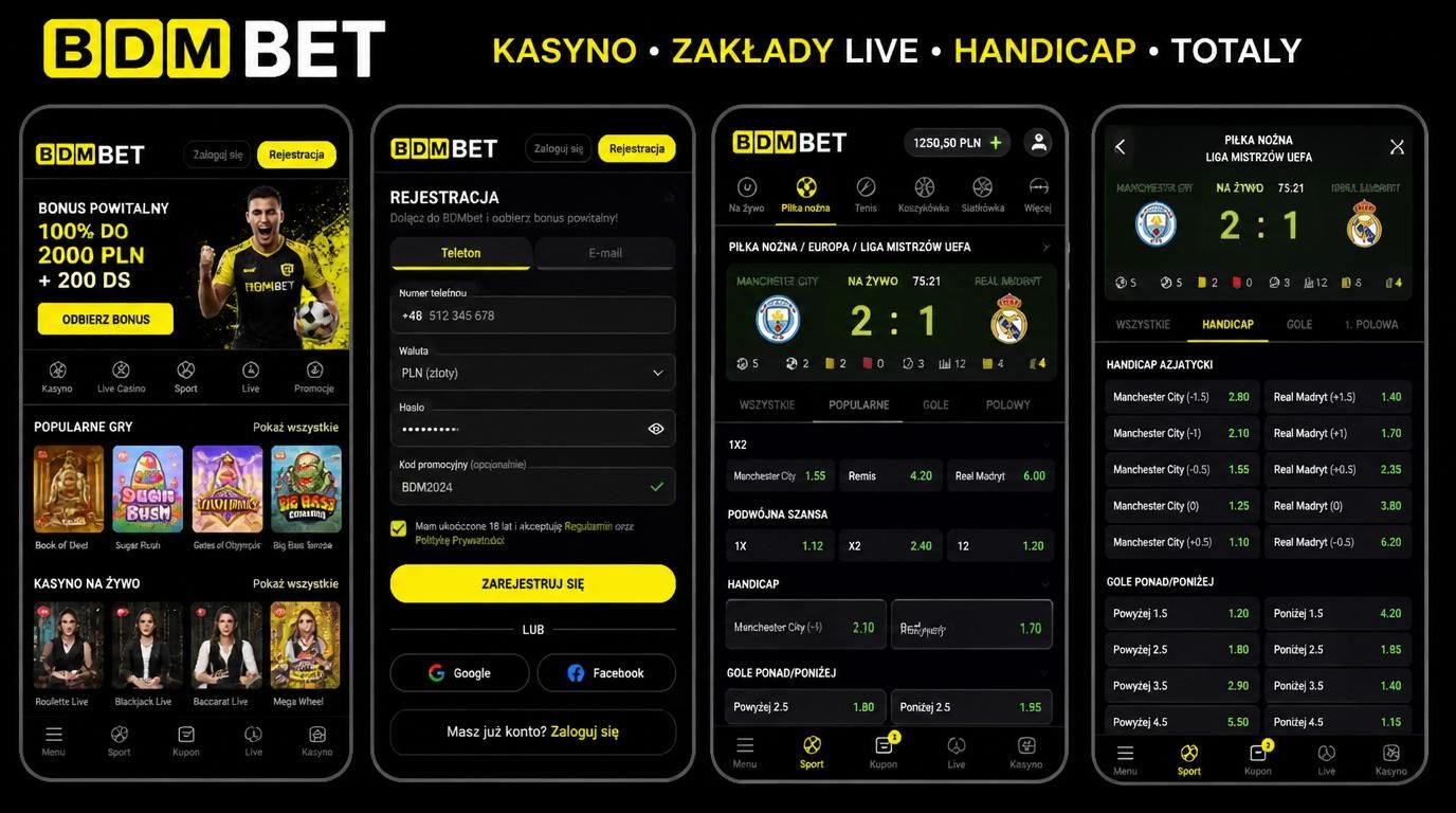 Formularz rejestracji na telefonie w BDMbet z opcjami live i handicap