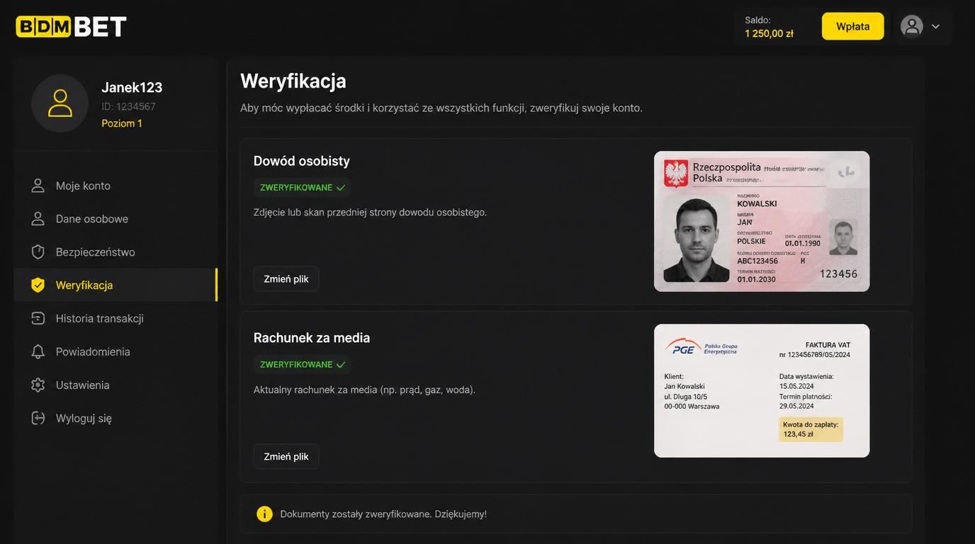 Upload dokumentów: dowód osobisty i adres w BDMbet