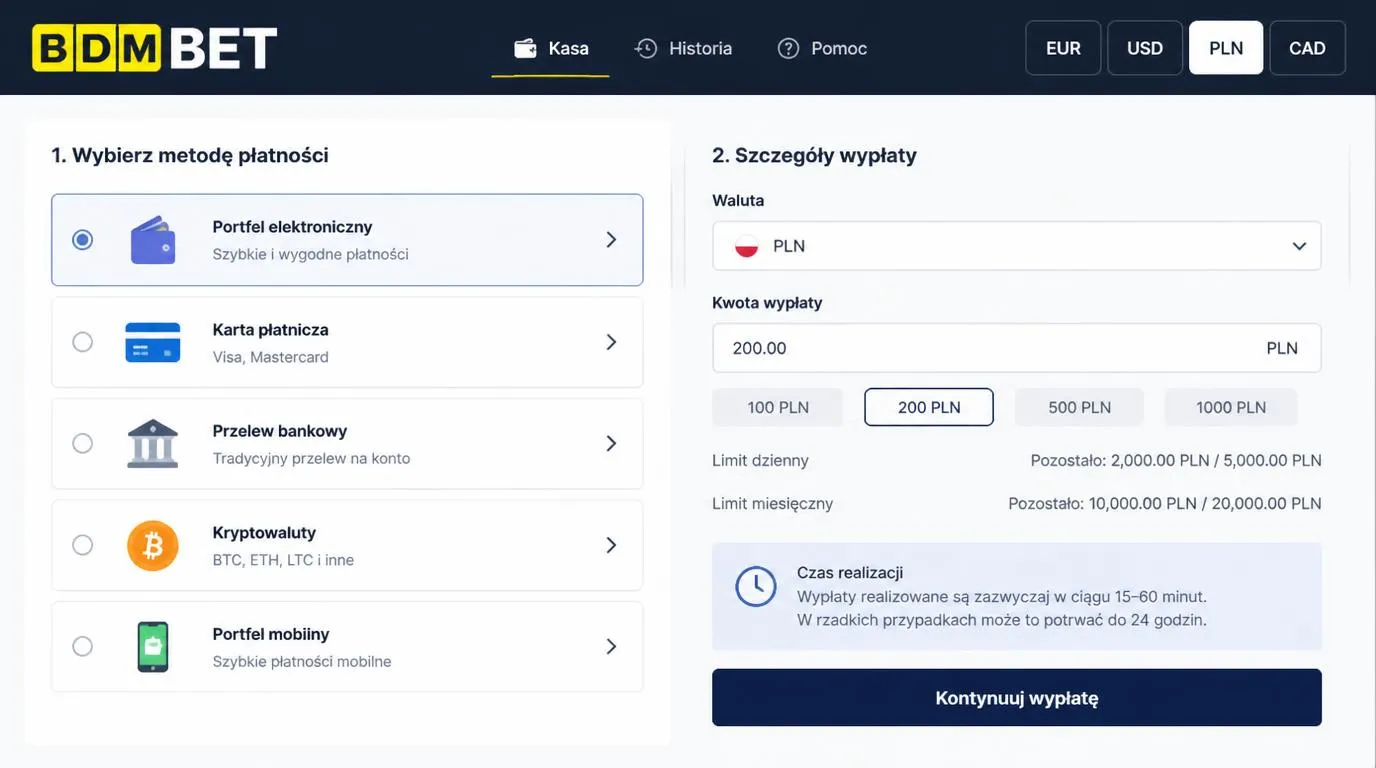 Ekran kasy z wyborem portfela elektronicznego, karty, przelewu i kryptowaluty oraz podglądem limitów
