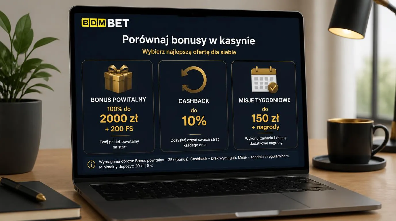 Ekran z porównaniem bonusu powitalnego, cashbacku i misji tygodniowych w kasynie
