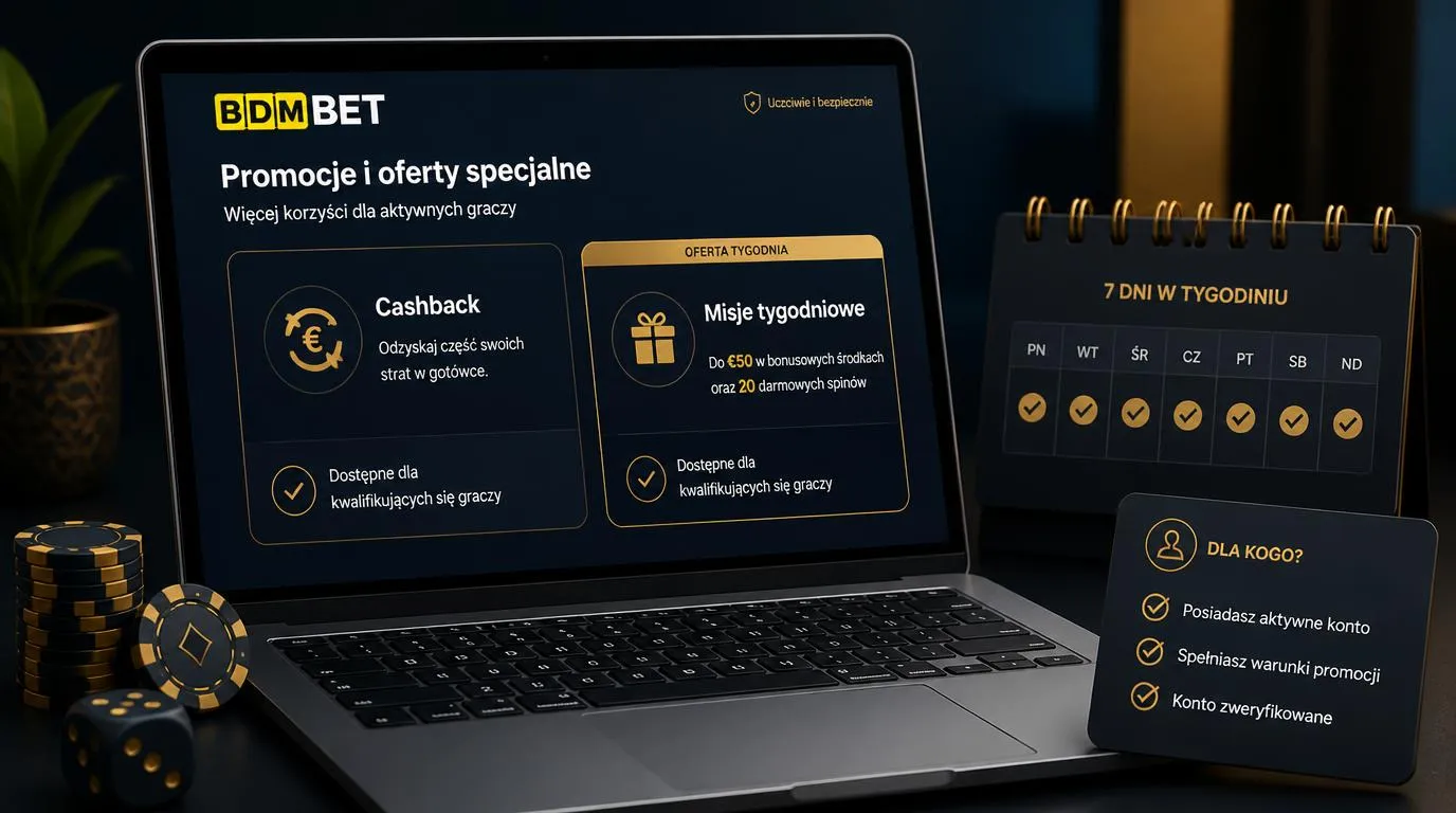 Ekran promocji kasyna z kartami cashbacku i misji tygodniowych oraz oznaczeniami nagród